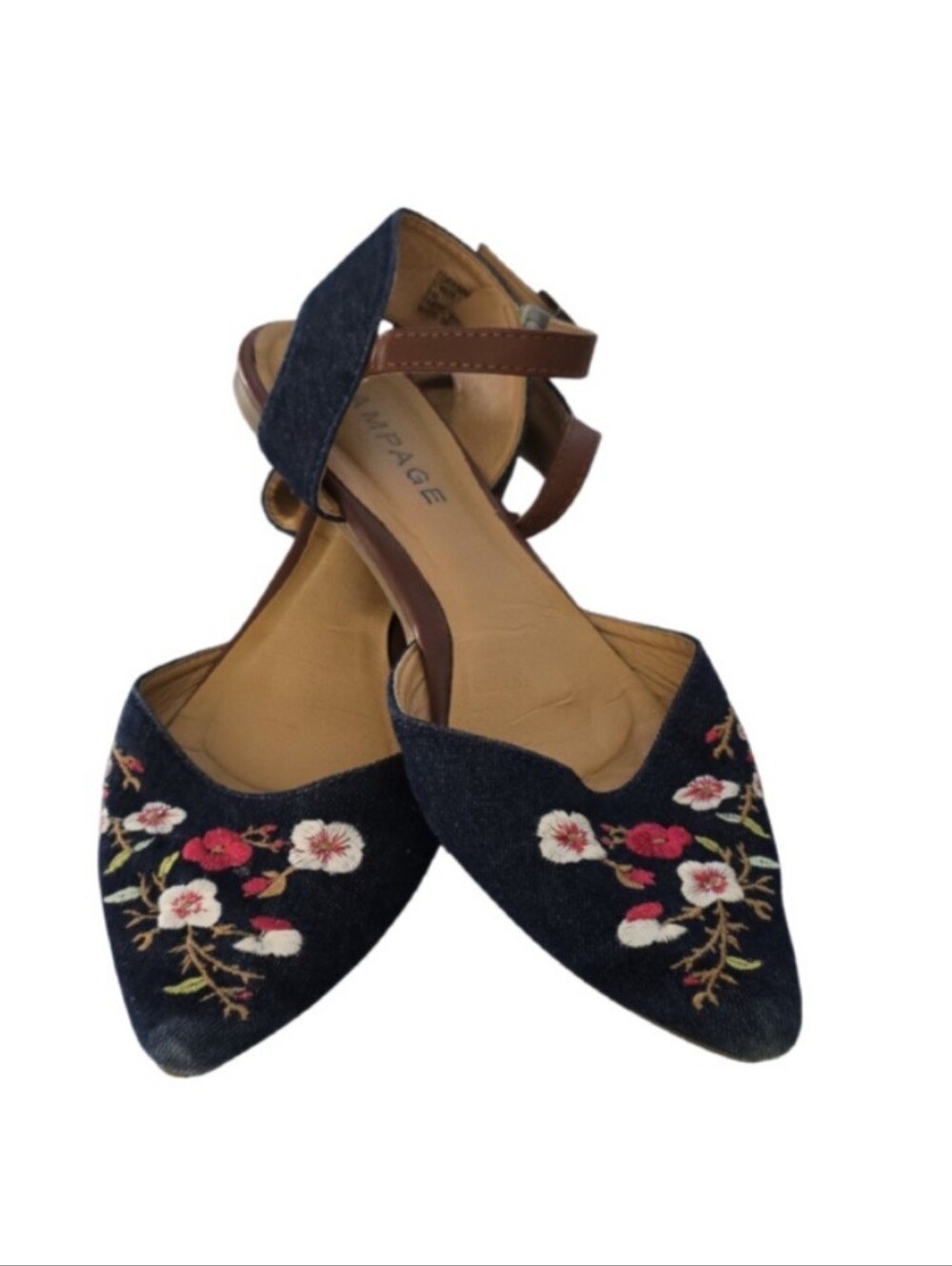 Rampage Corrinna Blue Denim Floral Embroidered Boho Pointed Toe Flats Size 9M